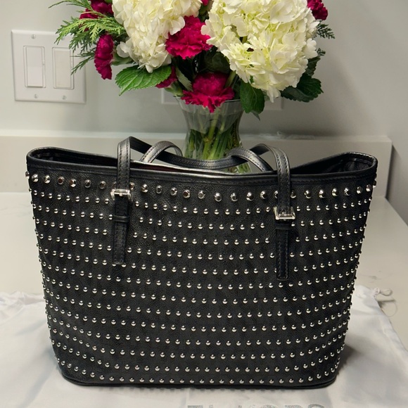 Michael Kors Black Studded Tote Silver Tone Hardware EUC comes w/ MK Dust Bag - Picture 4 of 16
